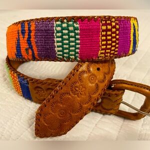 Hand crafted vintage leather, hand-tooled decorated and colorful woven designs